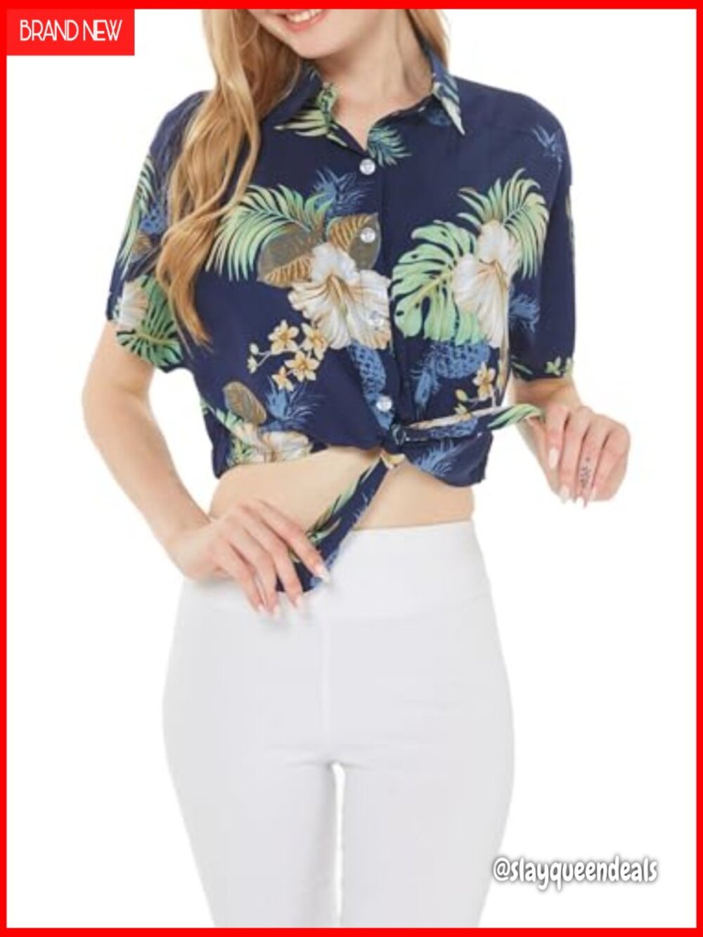 Printed Button Down Crop Top - Short Sleeve Blouse with Tie-Up Front - Picture 3 of 6